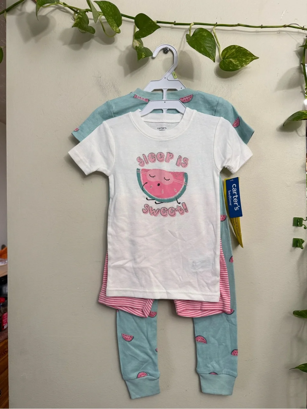 Carter's White Tee & Mint Watermelon Pajama Set with Pink Accents